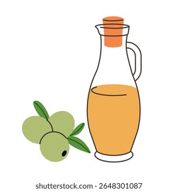 Ícone de carafe e azeitona verde ilustração vetorial. Arremessador de vidro, topo de cortiça, óleo dourado, azeitonas verdes frescas. Cozinha saudável, dieta mediterrânea, comida natural, culinária essencial