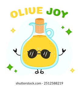 Olive oil character. Olive Joy card. Vector hand drawn cartoon kawaii character illustration icon. Isolated on white background Olive oil character concept