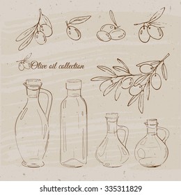 olive oil collection: olives and bottles of olive oil in vintage style