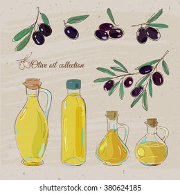olive oil collection, vector illustartion of olive oil bottles and black olives, vintage style illustration, olive oil in glass bottles
