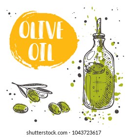 Olive oil concept design. Logo, icon and label for your design. Ink hand drawn vector illustration. Can be used for menu, shop, restaurant, cafe, bar, poster, banner, sticker.