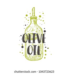 Olive oil concept design. Logo, icon and label for your design. Ink hand drawn vector illustration. Can be used for menu, shop, restaurant, cafe, bar, poster, banner, sticker.
