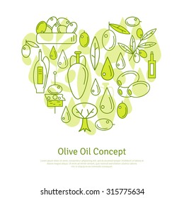 Olive Oil Concept. Vector illustration. Olive oil icons arranged in heart shape. Olive tree branch. Bottle with olive oil.