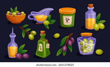 Olive oil. Cooking Greek salad with green berry. Branch with leaves, olive bottle. Butter, fat liquid from Greece. Mediterranean food condiment, vegetarian icon for food game. Vector tidy cartoon set