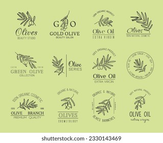 Olive oil cosmetic icons of leaf branch and olives in vector line for organic beauty product. Extra virgin olive oil labels and symbols of premium quality natural skincare or luxury cosmetic salon