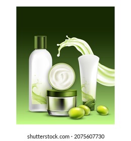 Olive Oil Cosmetics Creative Promo Poster Vector. Olive Cream And Shampoo Blank Container And Tube, Tree Berries And Liquid Splash On Advertising Banner. Style Concept Template Illustration