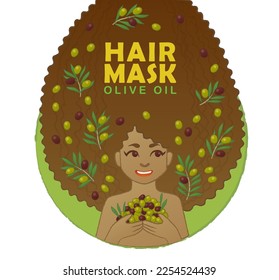 Olive oil cosmetics product design. Cartoon vector illustration with happy woman with green and black olivess used for health treatment, Organic oil label for natural beauty, mediterranean spa lotion 