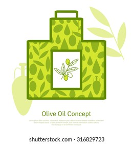 Olive oil creative concept. Vector illustration. Bottle with olive oil with icons inside. Olive oil icons. Extra virgin olive oil. Olive branch and amphora.