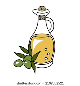 Olive oil in a decanter. Doodle style. Vector graphics.