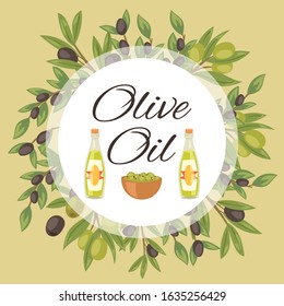 Olive oil degustation circle banner with black and green olives, leaves and fruits poster vector illustration. Organic olive oil degustation and tasting invitation poster.