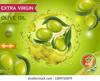 Olive oil design banner with olive branch on green smooth background Ad realistic illustration