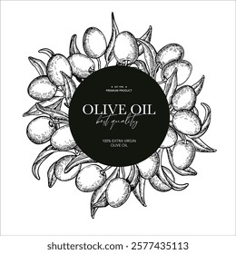 Olive oil design template. Olive leaves and branches vector drawing. Hand drawn label sketch. Banner, product packaging, design concept. Engraved food or cosmetic ingredient illustration.