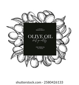 Olive oil design template. Olive leaves and branches vector drawing. Hand drawn label sketch. Banner, product packaging, design concept. Engraved food or cosmetic ingredient illustration.