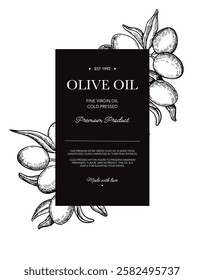 Olive oil design template. Olive leaves and branches vector drawing. Hand drawn label sketch. Banner, product packaging, design concept. Engraved food or cosmetic ingredient illustration.