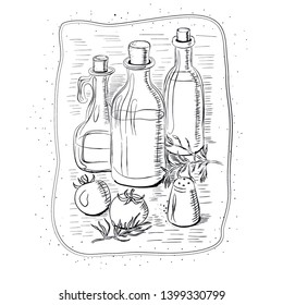Olive oil and different vegetables vector set