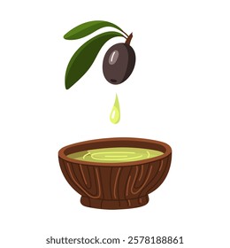 Olive oil drips from a black olive into a plate. A branch with a natural olive. Menu design element, labels, packaging, highlighted on a white background. Isolated flat group illustration on white.