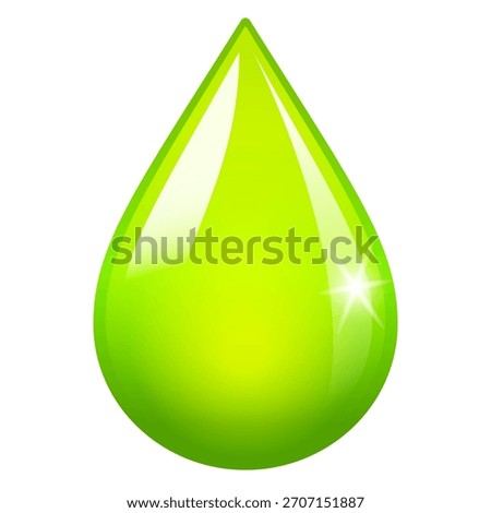Olive oil drop vector shape illustration isolated on white background. Shiny glossy splash droplet cartoon, organic extra virgin olive or avocado oil, cannabis or cannabidiol tincture, apple juice, light green color paint, dish washing kitchen liquid or cleansing oil. Fresh skin care cream for face and body.