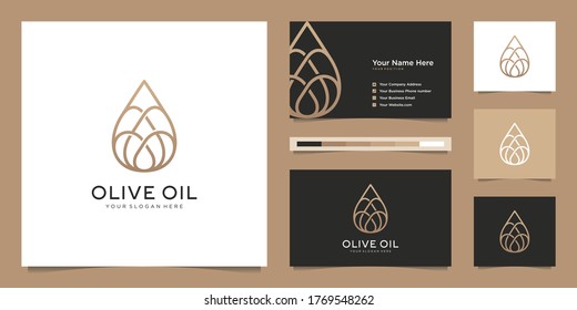 Olivenöl Tröpfchen Linie Kunst, Symbole für Schönheitssalon, Hautpflege, Kosmetik, Yoga und Spa Produkte. Premium-Logo-Design und Visitenkarten.