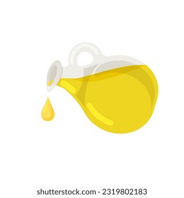 Olive oil is dropping from the glass bottle. Design element for menu, label, packaging isolated on white backgound. Vector illustration.