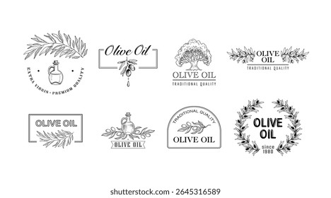 Olive oil emblem. Hand drawn labels for extra virgin oil or olive contained cosmetic products with sketch tree, branches, leaves and olives isolated vector illustrations set