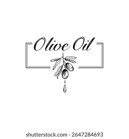 Olive oil emblem. Hand drawn label for extra virgin oil or olive contained cosmetic products with sketch tree, branches, leaves and olives isolated vector illustration