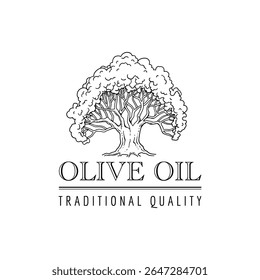 Olive oil emblem. Hand drawn label for extra virgin oil or olive contained cosmetic products with sketch tree, branches, leaves and olives isolated vector illustration