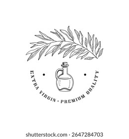 Olive oil emblem. Hand drawn label for extra virgin oil or olive contained cosmetic products with sketch tree, branches, leaves and olives isolated vector illustration