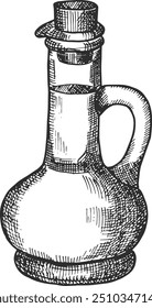 Olive oil engraving. Glass bottle ink drawing