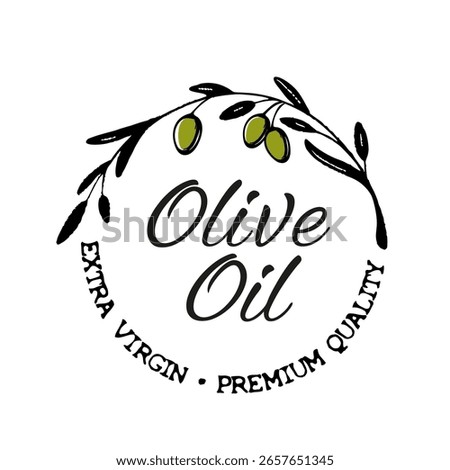 Olive Oil. Extra Virgin. Hand-drawn vintage label for olive oil with olive branches. Premium quality, organic, natural product concept, vector illustration