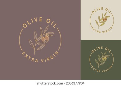 Olive oil extra virgin logos, labels set. Isolated olive branch for elegant template design for olive oil packaging. Natural and organic olives farm. Vector illustration.