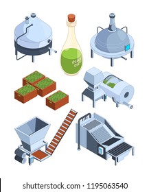 Olive Oil Extraction. Greek Balck And Green Olive Oil Production Industry Farm Food Press Manufacturing Vector Isometric Icons. Oil Olive Production Industry, Agriculture Fresh Packaging Illustration