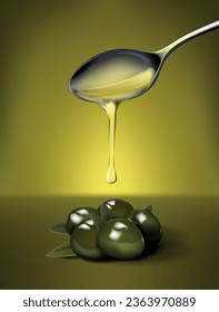 Olive oil falling from spoon, nutritional elements and olives. Design of olive oil, natural cosmetics and health products.