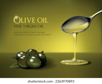 Olive oil falling from spoon, nutritional elements and olives. Design of olive oil, natural cosmetics and health products.