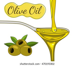 Olive oil flowing in the spoon hand drawn illustration. Olive branch. Sketch style. Vector EPS10.