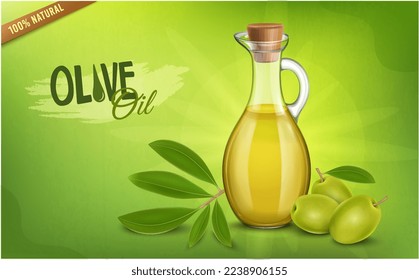 Olivenöl und ObstVektorgrafik mit Blättern einzeln auf grünem Hintergrund