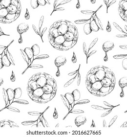 Olive oil and fruits design graphic elements. Seamless pattern on white background.