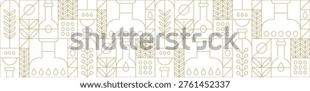 Olive oil geometric pattern, art deco horizontal background. Gold linear seamless pattern with tree leaves, bottles and branches. Outline bg with Mediterranean cooking olive oil, vector illustration