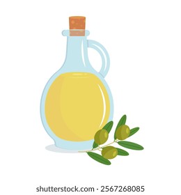 Olive oil. Glass oil bottle with olive branch. Vector illustration for web design