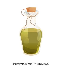 Olive oil in glass bottle with cork in cartoon style isolated on white background. Greek natural ingredient 