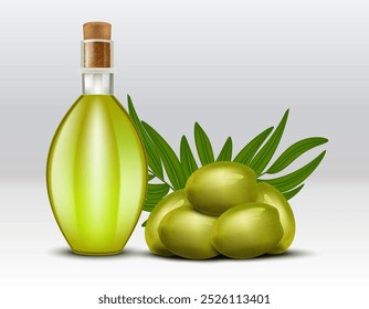 Olive oil in a glass bottle and crock and olives with green leaves, realistic vector illustration on gray background.