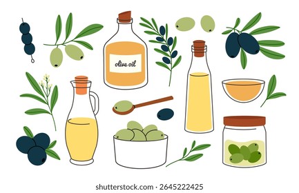 Olive oil glass bottle, fruit vegetable food set. Hand-drawn menu mediterranean Greek and Italian cuisine. Vector clipart organic nutrition