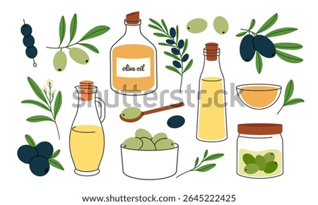 Olive oil glass bottle, fruit vegetable food set. Hand-drawn menu mediterranean Greek and Italian cuisine. Vector clipart organic nutrition