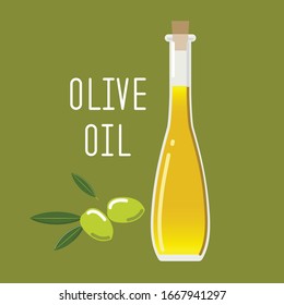 Olive oil in a glass bottle and green olives with leaves. Vector illustration