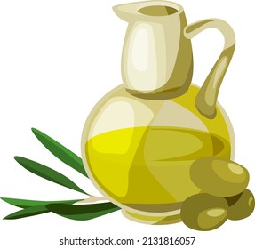 Olive oil glass bottle with green berries. Fresh virgin organic salad dressing