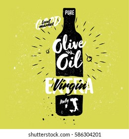 Olive oil in glass bottle with hand-drawn elements of food. Green background 
