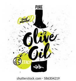 Olive oil in glass bottle with hand-drawn elements of food. White background with globe