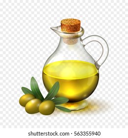 Olive oil in a glass bottle with handle and corck and olives with green leaves, realistic vector illustration on transparent background