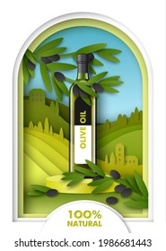 Olive oil glass bottle mockup on display podium, paper cut olive tree branches with berries, fields, vector illustration. Natural healthy food product ads template.