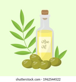 Olive oil glass bottle with olives, leaves and branch in flat style. Vector realistic template design.   Olive oil icon. 