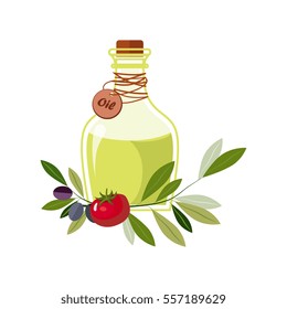 Olive Oil In Glass Bottle With Olives And Tomato Laying Around, Farm And Farming Related Illustration In Bright Cartoon Style